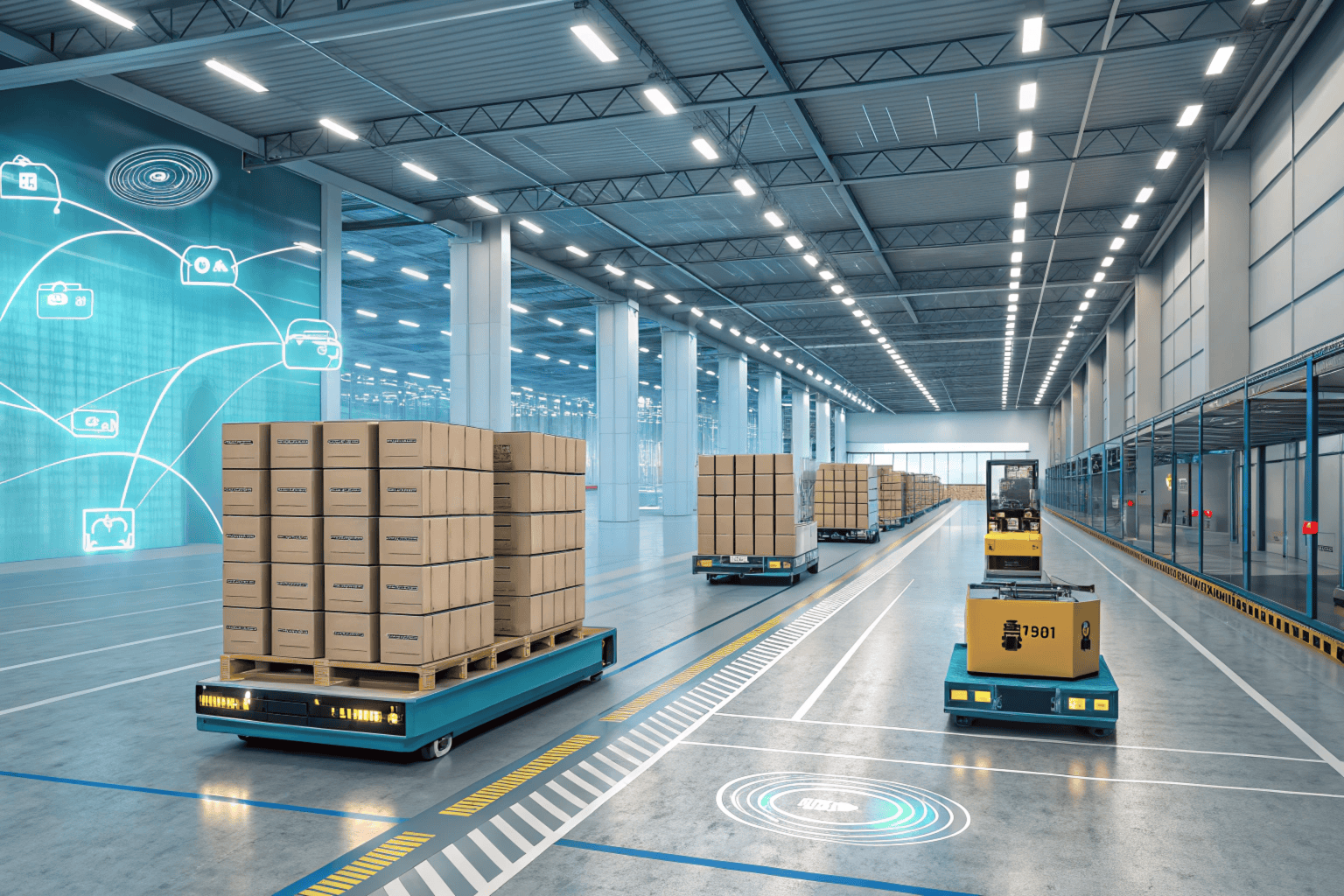 a large fully automated warehouse with autonomous